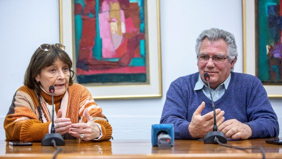 Daysi Iglesias y Julián Mazzoni durante una conferencia de prensa sobre la situación en la ANEP, en 2022 &nbsp;