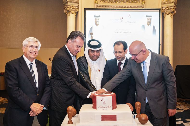 El ministro de Turismo Tabaré Viera y el ministro de Salud Daniel Salinas con el encargado de Negocios del Estado de Catar Ahmad Almohannadi, el embajador del Reino de Arabia Saudita Eyad Hakeem y el embajador de la República Libanesa Ali Al-Ghazzawi