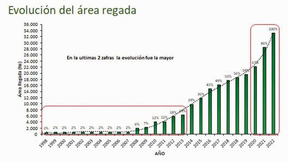 Gráfico de la evolución del área regada elaborado por Agro de Búsqueda. Gráfico de la evolución del área regada elaborado por Agro de Búsqueda.