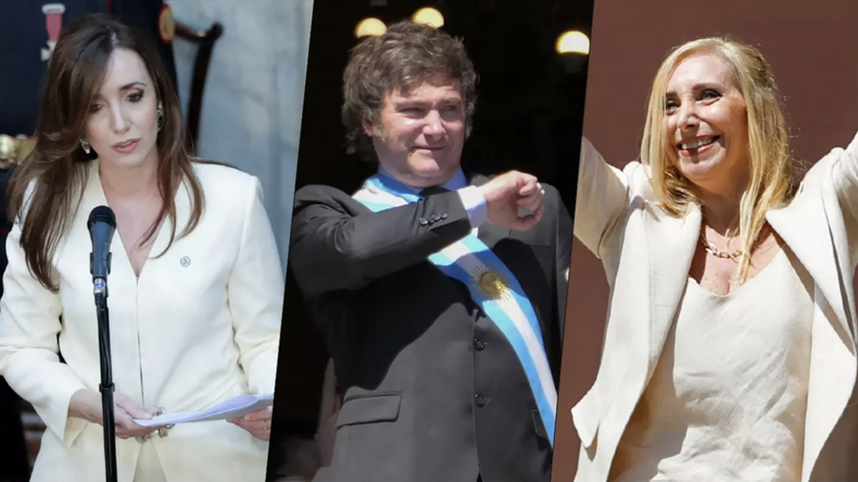 En la imagen, de izquierda a derecha, la vicepresidenta argentina, Victoria Villarruel, el mandatario Javier Milei y la oficialista Karina Milei, los tres protagonistas principales de las tensiones dentro del gobierno libertario