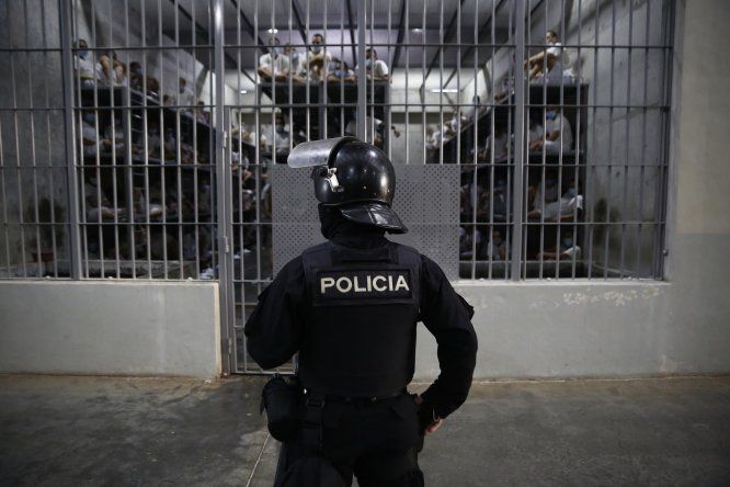 Fotografía de archivo del 4 de abril de 2025 que muestra a un policía custodiando una celda en el Centro de Confinamiento del Terrorismo (Cecot), en Tecoluca (El Salvador).