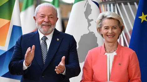 Búsqueda | Presidente de Brasil, Luiz Inácio Lula da Silva, junto a la presidenta de la Comisión Europea, Úrsula von Leyen, durante una cumbre en Bruselas. Foto: AFP