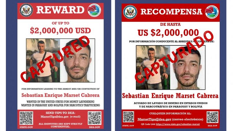 Imagen difundida por la DEA de Sebastián Marset, que muestra el cartel original por su recompensa modificado luego de que fuera capturado.