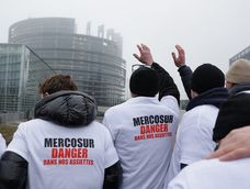 Manifestantes protestan, el miércoles 21, contra el acuerdo Unión Europea-Mercosur en las afueras del Parlamento Europeo. Manifestantes protestan, el miércoles 21, contra el acuerdo Unión Europea-Mercosur en las afueras del Parlamento Europeo.