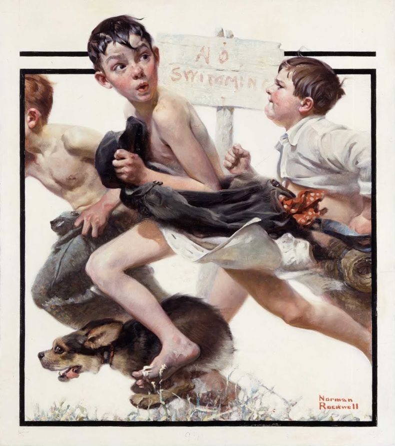 Título: No Swimming Ilustrador: Norman Rockwell Fecha de creación: 1921 Dimensiones físicas: 558,8 × 635 mm (sin marco) Técnica artística: pintura al óleo, pintura, revestimiento sobre lienzo.