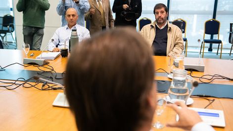 Marcelo Abdala y Fernando Pereira durante una reunión con Luis Lacalle Pou en Torre Ejecutiva. Foto: Santiago Mazzarovich / adhocFOTOS