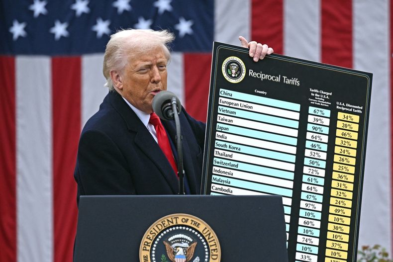 Donald Trump sostiene un gráfico mientras pronuncia un discurso sobre aranceles recíprocos durante un evento en el Jardín de las Rosas titulado “Hagamos que Estados Unidos vuelva a ser rico” en la Casa Blanca en Washington, D.C., el 2 de abril de 2025.