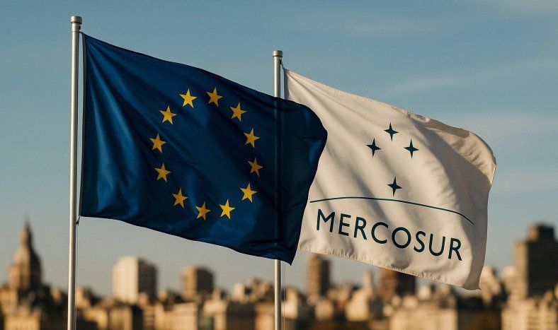 Banderas de la Unión Europea y el Mercosur.