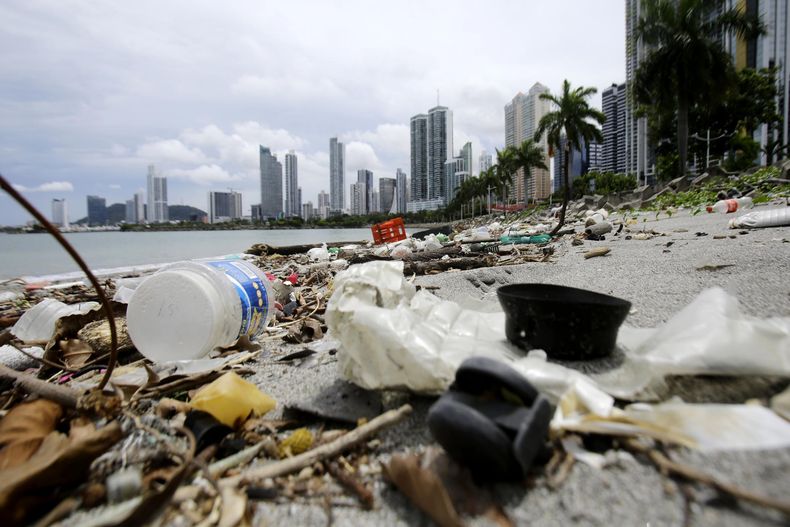 Fotografía de plásticos acumulados en la Cinta Costera del 05 de agosto de 2025 en la bahía de Ciudad de Panamá (Panamá)