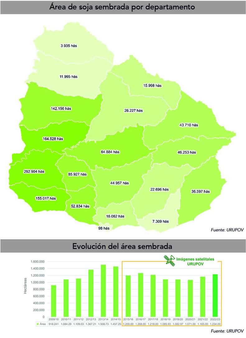 Área de soja sembrada por departamento. Gráfica: Agro de Búsqueda