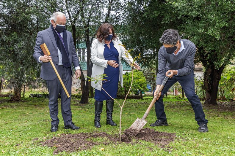 Ministro de Educación y Cultura Pablo da Silveira, embajadora británica Faye O’Connor y presidente del Consejo Directivo del Instituto Clemente Estable Pablo Zunino