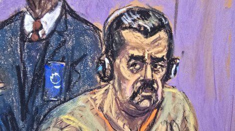 Fotografía de un dibujo realizado por la artista Jane Rosenberg donde aparece el depuesto presidente de Venezuela, Nicolás Maduro, durante su comparecencia este lunes, ante un tribunal federal en Nueva York (EE.UU.).&nbsp;