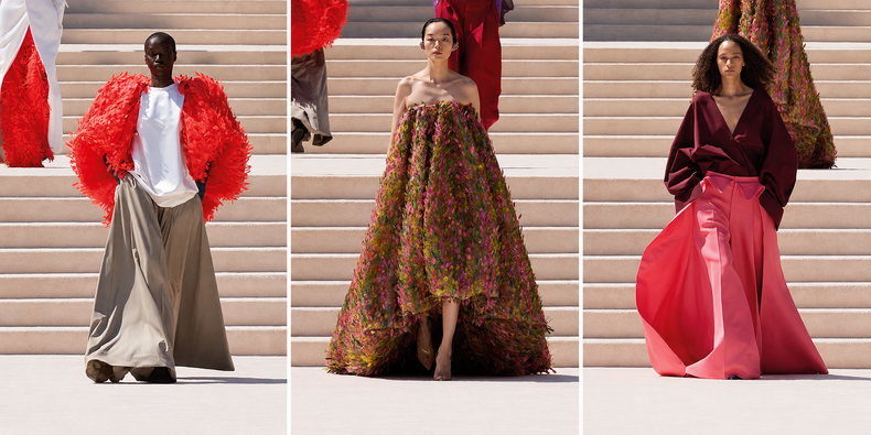 Pierpaolo Piccioli jugó con el contraste entre el volumen y la ligereza, una clave de la impronta de Cristóbal Balenciaga, creador de la firma.