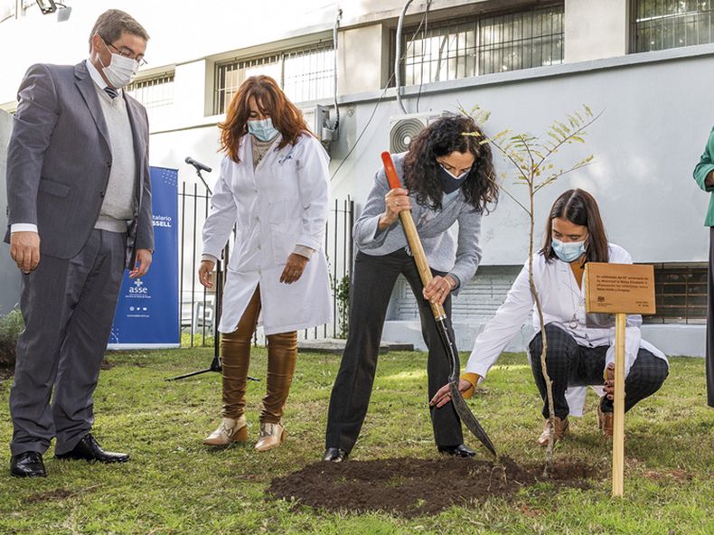 Presidente de ASSE Leonardo Cipriani, directora del Hospital de la Mujer Risel Suárez, ministra de Economía Azucena Arbeleche, directora general del Hospital Pereira Rossell Victoria Lafluf y embajadora británica Faye O’ Connor en plena plantación