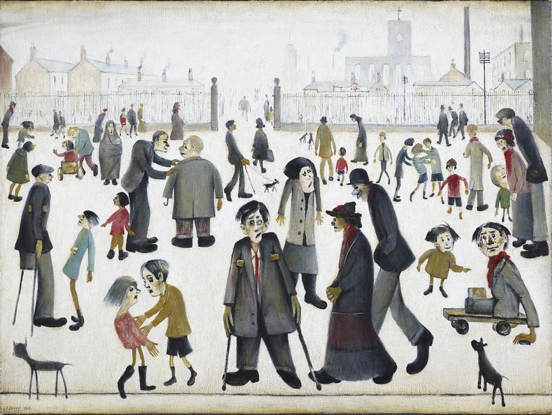 Título: The Cripples Creador: L. S. Lowry Fecha: 1949 Dimensiones físicas: 101,5 × 76 cm (sin marco) Técnica artística: pintura al óleo sobre lienzo.