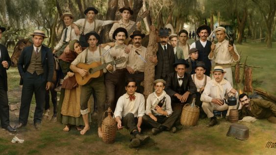 Avellaneda, foto de 1903 mejorada con inteligencia artificial; al fondo con una guitarra se ve a Gardel, de unos 2O años Avellaneda, foto de 1903 mejorada con inteligencia artificial; al fondo con una guitarra se ve a Gardel, de unos 2O años