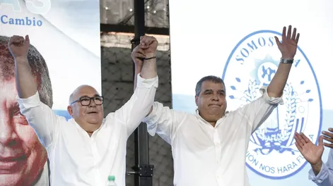 Miguel Abella y Rodrigo Blás cuando fueron proclamados candidatos del Partido Nacional a la Intendencia de Maldonado