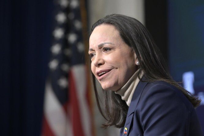 &nbsp;María Corina Machado habla durante una rueda de prensa en Washington.