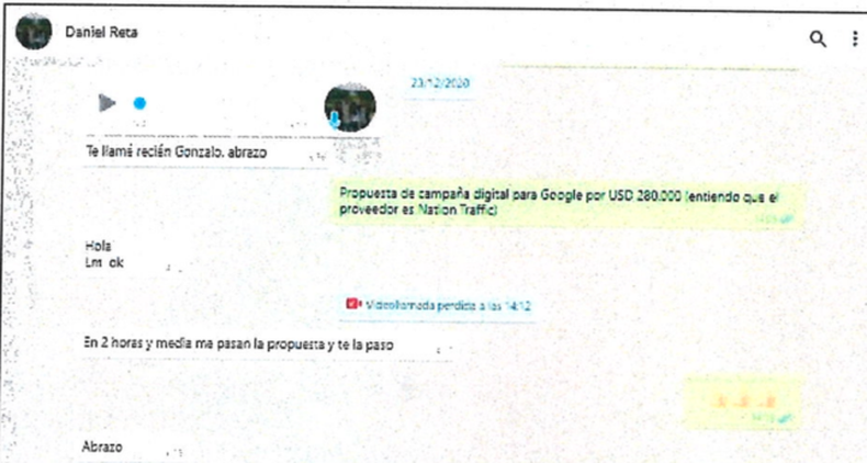 Captura de pantalla de un intercambio de WhatsApp entre Daniel Reta y Gonzalo Pradeiro.