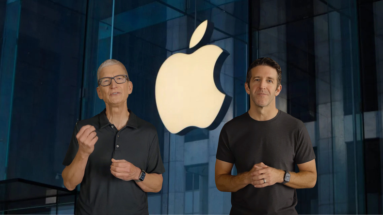 Tim Cook habla durante una presentación de Apple, mientras su posible sucesor, John Ternus, observa a cámara.