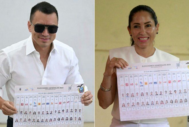 Daniel Noboa y Luisa González muestran su papeleta luego de votar&nbsp;&nbsp;