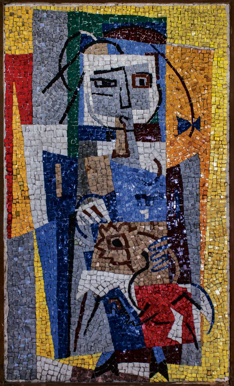Niña y gallo a la ferme, mosaico de Miguel Ángel Pareja.