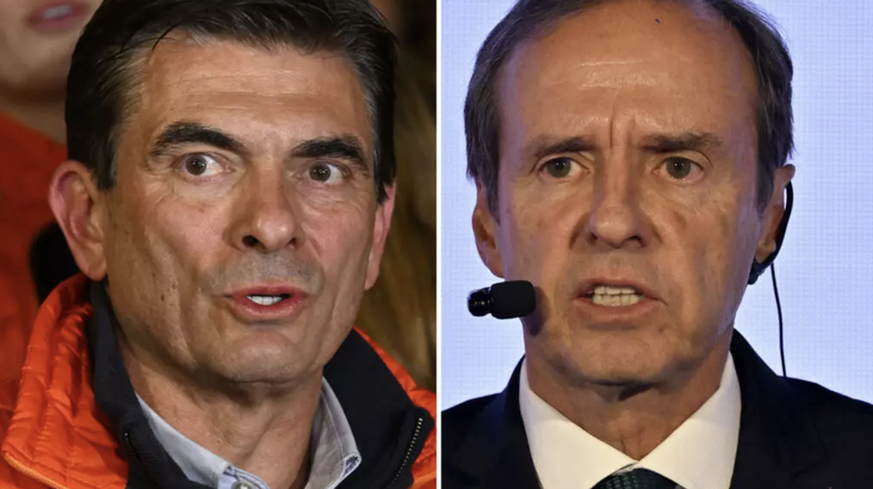 Rodrigo Paz (izquierda) y Jorge Quiroga, expresidente de Bolivia, se dirigen a sus respectivos seguidores tras los resultados de las elecciones presidenciales en La Paz el 17 de agosto de 2025