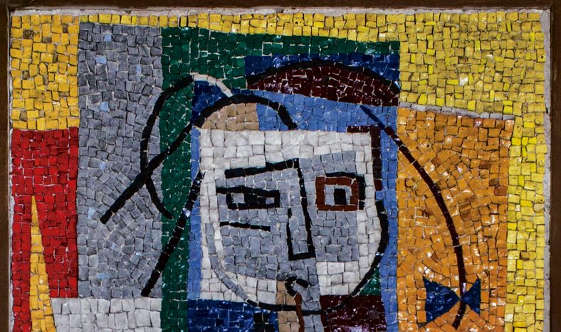 Niña y gallo a la ferme, mosaico de Miguel Ángel Pareja.