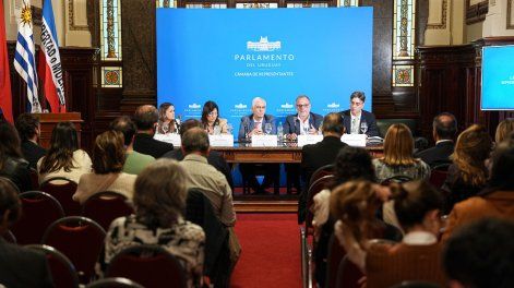 Mandy Barrios, Blanca Rodíguez, Rodrigo Goñi, Bruno Gili y Jan Milolaj Dzieciolowzki durante el encuentro Desinformación, Inteligencia Artificial y Democracia en la antesala de la Cámara de Diputados del Palacio Legislativo.