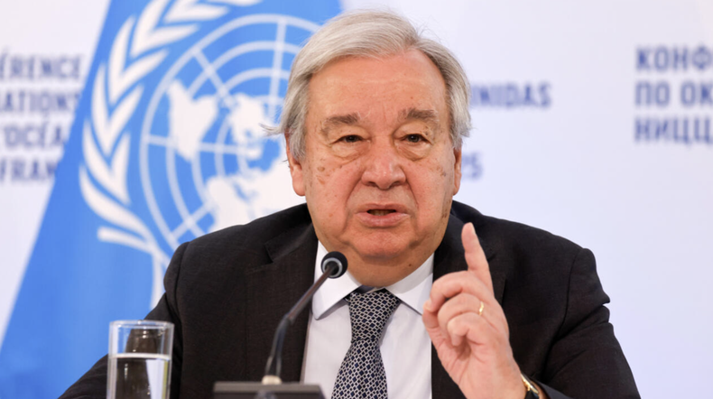 El secretario general de Naciones Unidas, António Guterres, toma la palabra en la Conferencia sobre los Océanos, en Niza, Francia, el 10 de junio de 2025