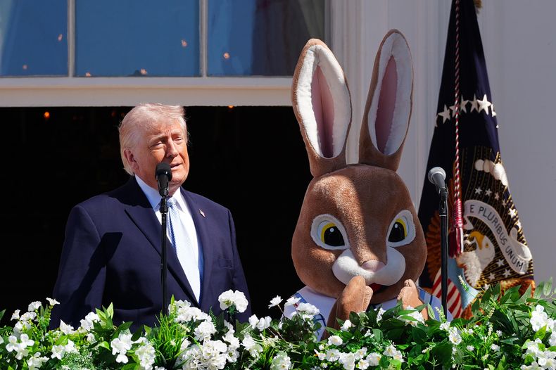 Donald Trump acompañado de un conejo de Pascua disfrazado, habla durante la apertura de los jardines de la Casa Blanca para que centenares de niños jueguen a la tradicional carrera de huevos de Pascua este lunes, en Washington.