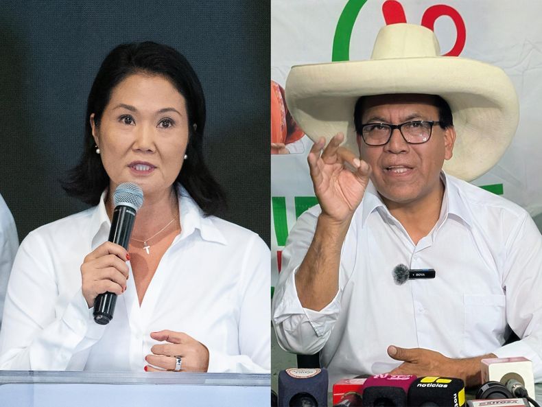 Combo de fotografías de archivo que muestra a los candidatos a la Presidencia de Perú, Keiko Fujimori (i) y Roberto Sánchez. El escrutinio de las elecciones presidenciales de Perú concluyó este viernes, 33 días después de la votación, al alcanzar el 100 % en votos contabilizados, que confirman una segunda vuelta para el 7 de junio entre la derechista Keiko Fujimori y el izquierdista Roberto Sánchez.