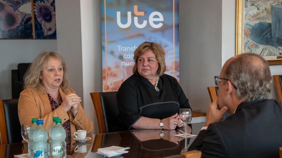 La presidenta de UTE, Silvia Emaldi, la directora por el Partido Nacional, Mariana Ubillos, en un encuentro con el expresidente de México Felipe Calderón