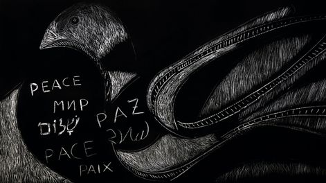 Búsqueda | Paloma de la paz. Grabado al aguatinta, 2,15 × 1,15 m.