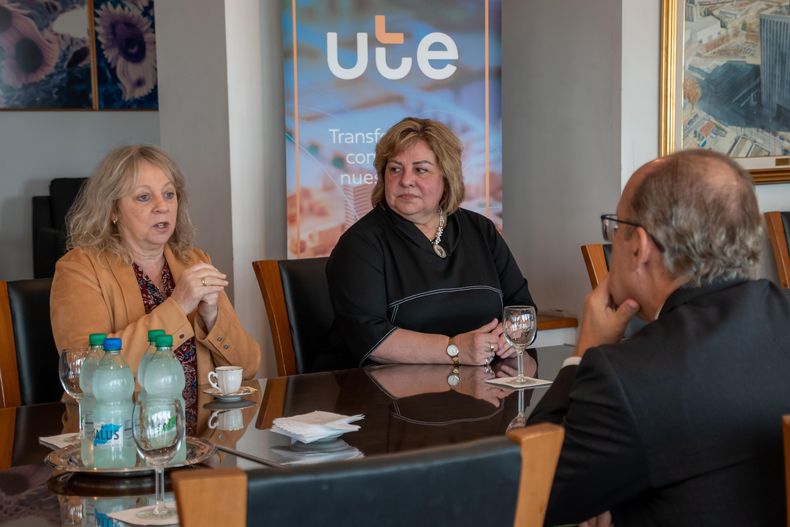 La presidenta de UTE, Silvia Emaldi, la directora por el Partido Nacional, Mariana Ubillos, en un encuentro con el expresidente de México Felipe Calderón