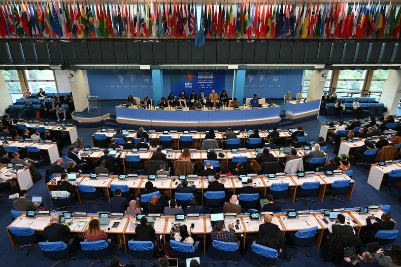 Una vista general muestra a los delegados en la sala plenaria durante la conferencia sobre biodiversidad COP16 en Roma, el 25 de febrero de 2025.