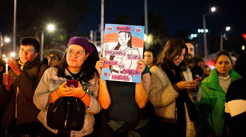 Protesta contra el transfemicidio de Sara Millerey, el 9 de abril, en Bogotá, Colombia