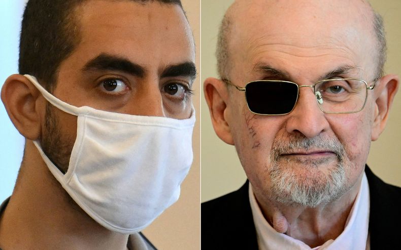 Esta combinación de imágenes creada el 11 de febrero de 2025 muestra (de izq. a der.) Hadi Matar, el hombre acusado de intentar asesinar al autor Salman Rushdie