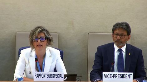 Francesca Albanese durante una intervención en el Consejo de Derechos Humanos de la ONU